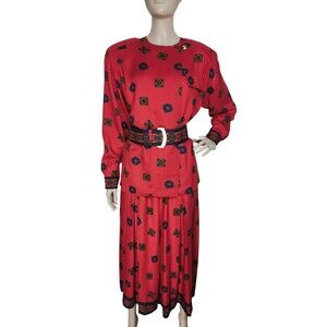 VTG 90s Liz Claiborne Medallion Print High Shoulder Skirt Blouse Belt Size 10